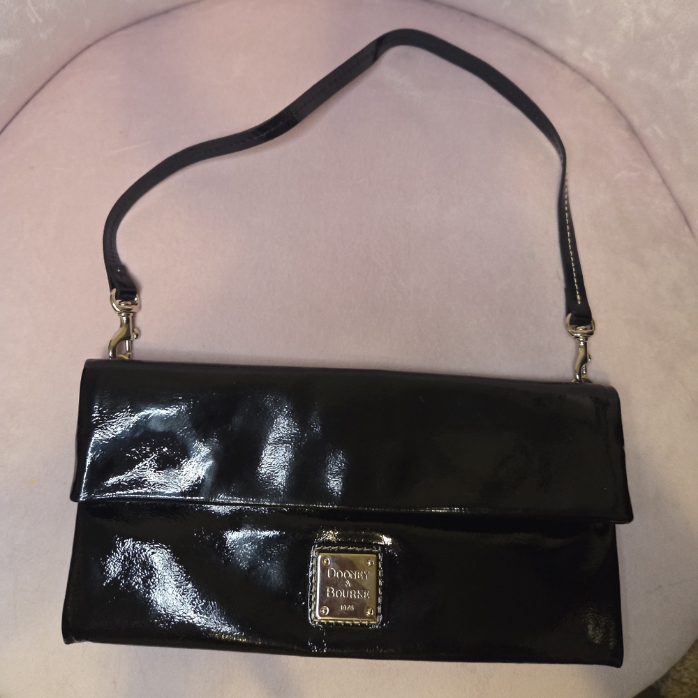 Dooney & Bourke Black Patent Leather Shoulder Clutch with Gold Tone Plaque